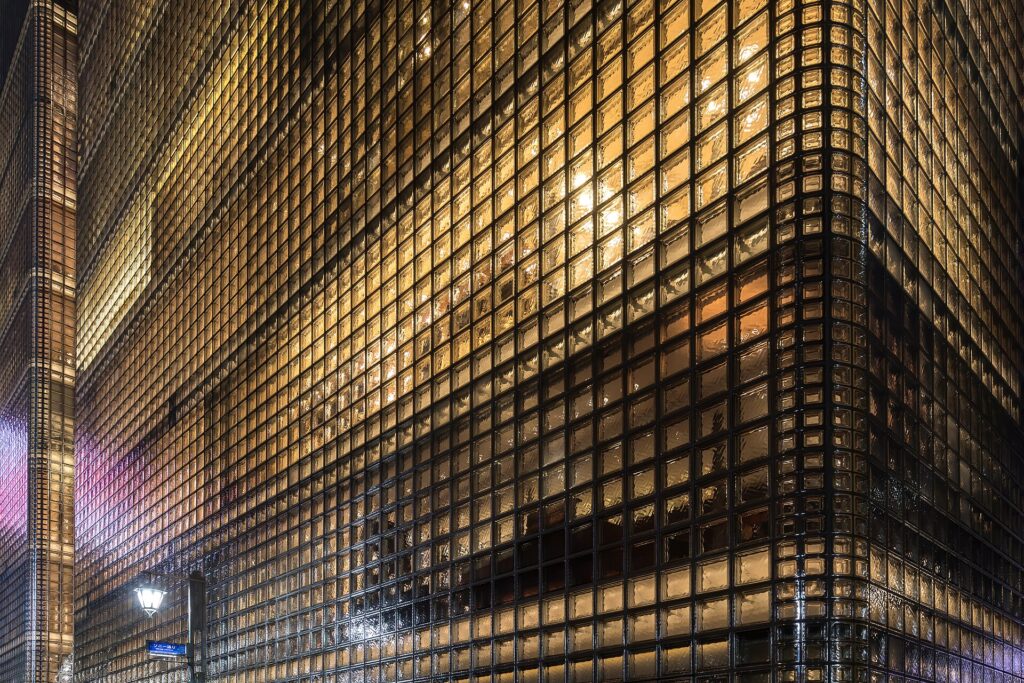 Exterior view of the illuminated facade of Maison Hermès, Ginza, Tokyo, Japan (illustrative photo of Tokyo)