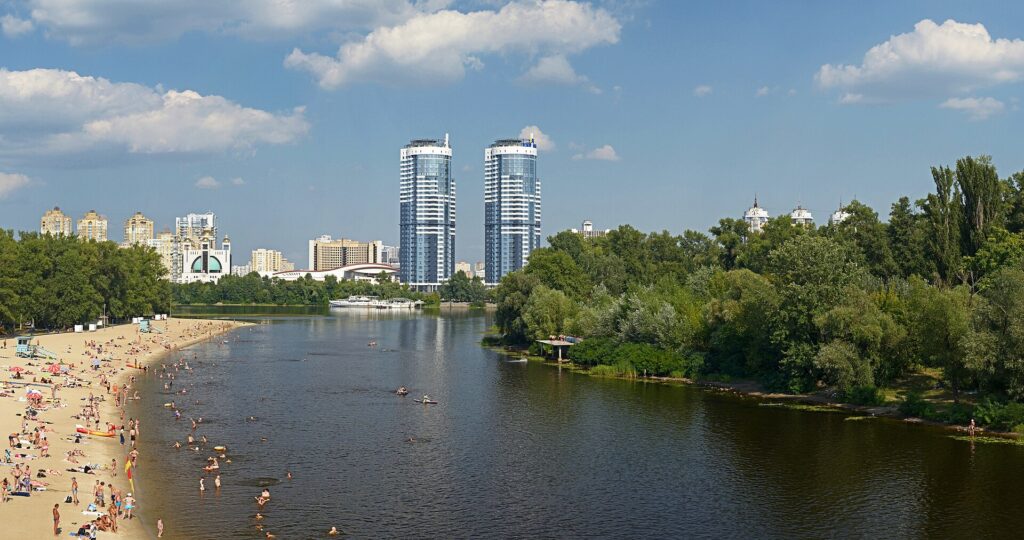 Venetian channel and beach. View from the Venetian bridge. Kyiv, Ukraine (illustrative photo of Kyiv)